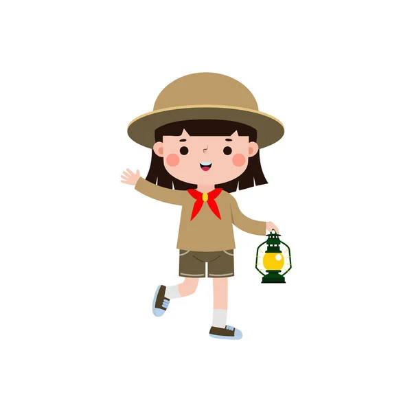 Bonito Criança Segurando Lâmpada Menino Scout Menina Scout Honra Uniforme — Vetor de Stock