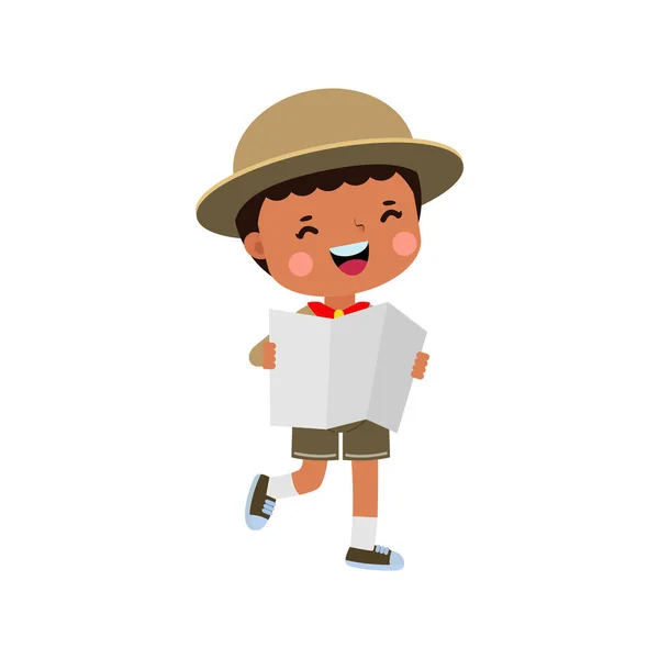 Cute Little African American Kid Holding Map Boy Scout Girl — Stock Vector