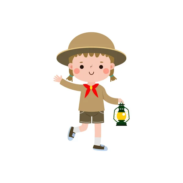 Cute Little Kid Holding Lamp Boy Scout Girl Scout Honor — Stock Vector
