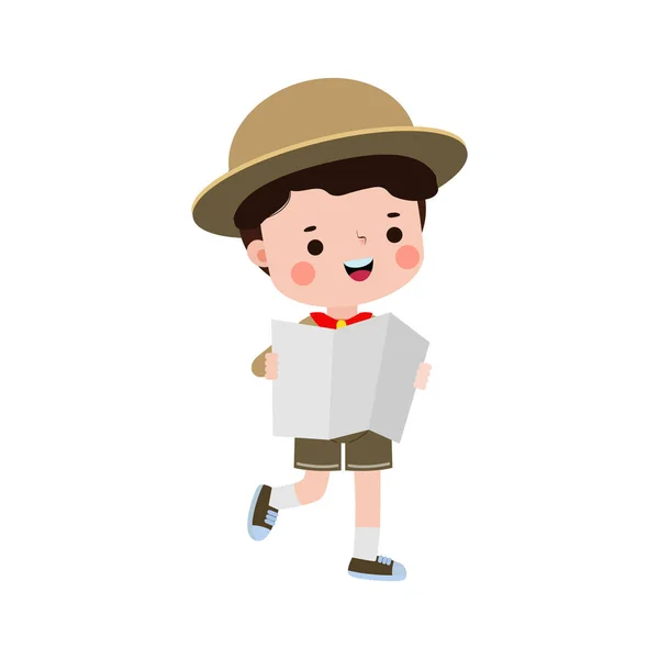 Carino Bambino Che Tiene Mappa Boy Scout Ragazza Scout Onore — Vettoriale Stock