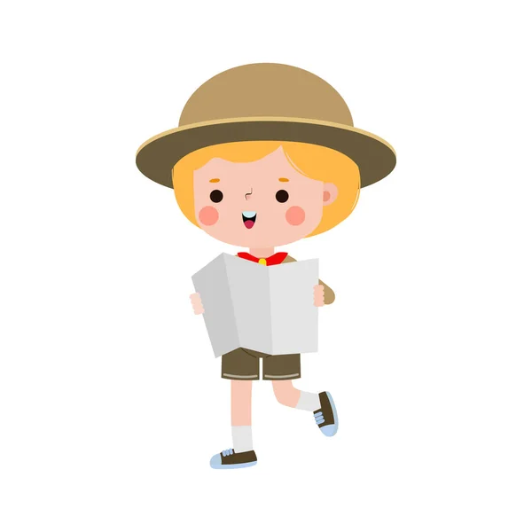 Cute Little Kid Holding Map Boy Scout Girl Scout Honor — Stock Vector