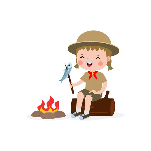 Cute Little Kid Sitting Log Roasting Fish Campfire Boy Scout — Stock Vector