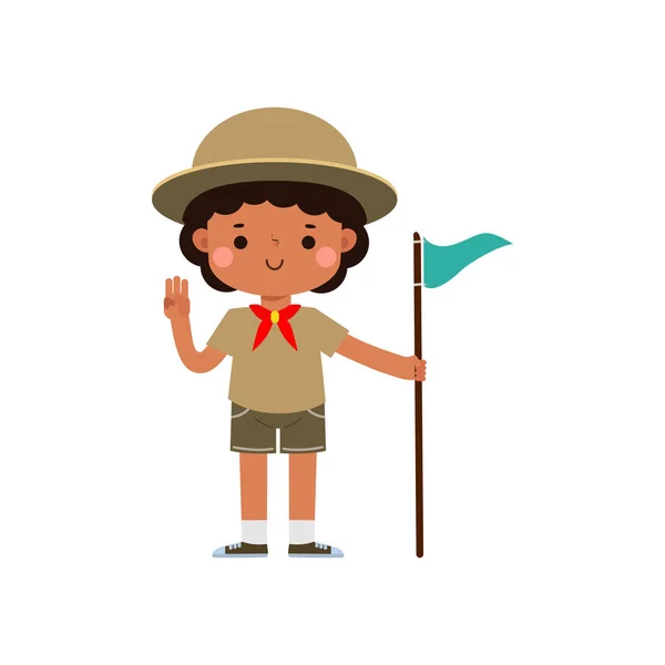 Cute African American Little Kid Holding Flag Boy Scout Girl — Stock Vector