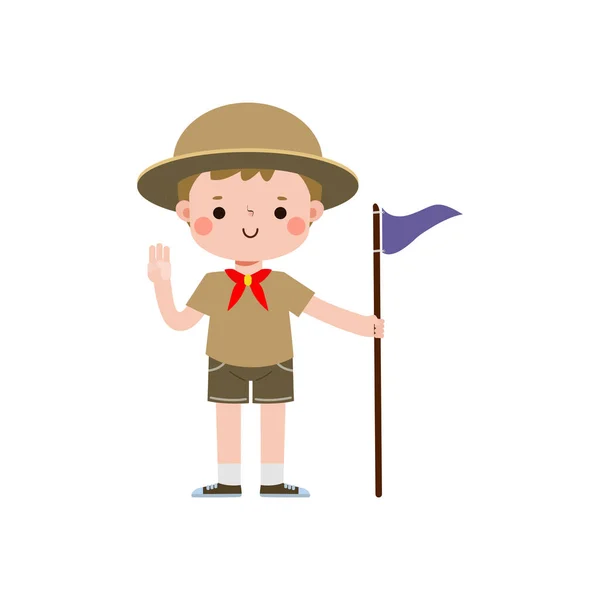 Mignon Petit Enfant Tenant Drapeau Scout Garçon Fille Scout Uniforme — Image vectorielle