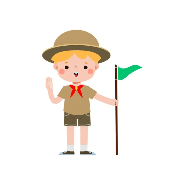 Bambino Carino Che Tiene Bandiera Boy Scout Ragazza Scout Onore — Vettoriale Stock