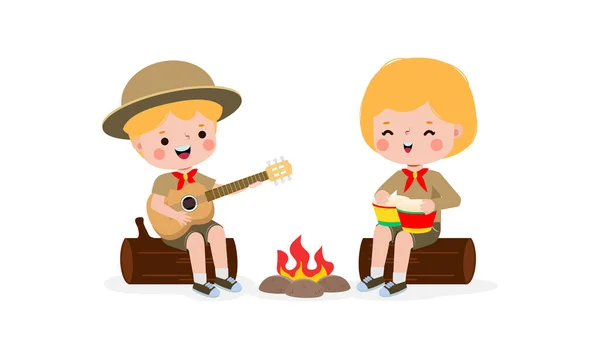 Cute Little Kids Sitting Log Playing Guitar Bongo Drums Campfire — Wektor stockowy