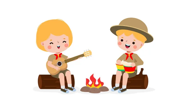 Cute Little Kids Sitting Log Playing Guitar Bongo Drums Campfire — Wektor stockowy