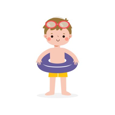 Yüzük ve mayo giyen çocuk, Sevimli Çocuk çizgi film havuz partisi karakterleri, deniz kenarında tatil yapan çocuk ya da beyaz arka planda yüzme havuzu illüstrasyonları.