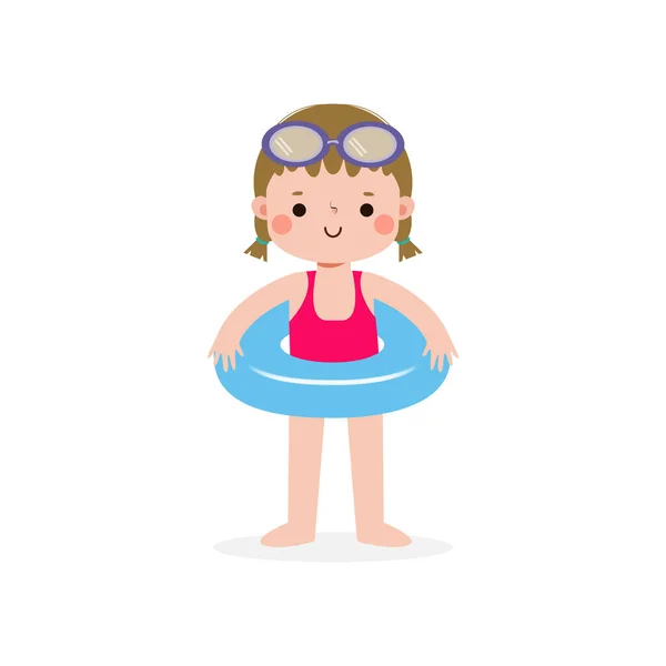 Kind Trägt Schwimmanzüge Und Ringe Cute Kids Cartoon Pool Party — Stockvektor