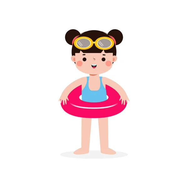 Dziecko Noszące Stroje Kąpielowe Pierścienie Cute Kids Kreskówek Pool Party — Wektor stockowy