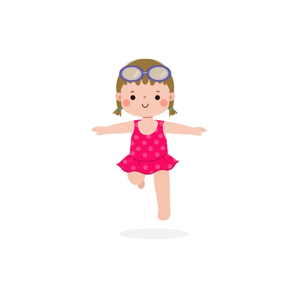 穿着游泳衣的孩子在暑假跳入水中 可爱的孩子卡通片 游泳池 中的角色 孩子们在海滨度过假期 与世隔绝的白色背景 — 图库矢量图片