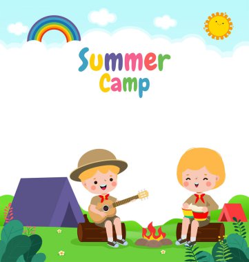 Çocuklar yaz kampı arka plan eğitimi Banner Şablonu, çocuklar bir kütüğün üzerinde oturup, broşür broşürü ilanı için kamp ateşi eşliğinde gitar ve bongo davulları çalıyorlar. Mesajınız, Vector Illustration