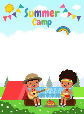 Çocuklar yaz kampı arka plan eğitimi Banner Şablonu, çocuklar bir kütüğün üzerinde oturup, broşür broşürü ilanı için kamp ateşi eşliğinde gitar ve bongo davulları çalıyorlar. Mesajınız, Vector Illustration