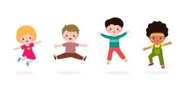 Dışarıda zıplayan mutlu çocuklar. Küçük çocuk aktiviteleri, çocuk parkında oynayan çocuklar. Beyaz arka plan illüstrasyonunda izole edilmiş komik çizgi film.