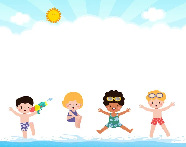 Olá Summer Grupo Crianças Felizes Roupas Natação Pulando Praia Crianças — Vetor de Stock