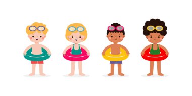 Yüzük ve mayo giyen çocuklar, havuz partisi karakterleri, deniz kenarında tatil yapan çocuklar veya beyaz arkaplanda yüzen çocuklar.