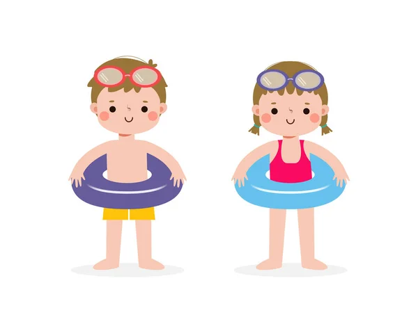 Zestaw Dzieci Noszących Stroje Kąpielowe Pierścienie Cute Kids Kreskówek Pool — Wektor stockowy