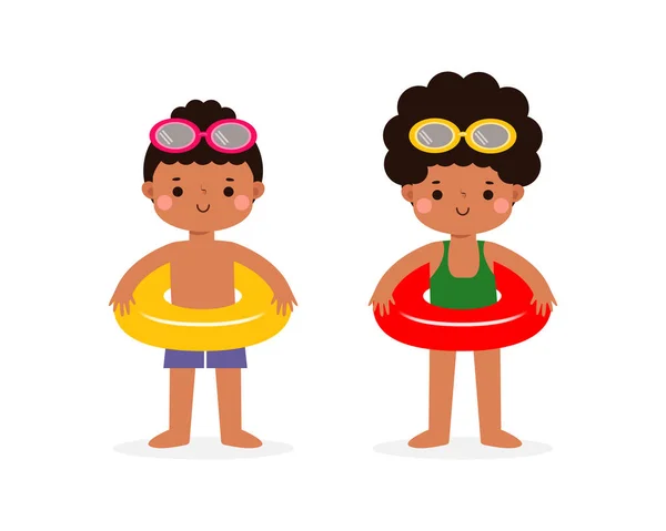 영국계 어린이들은 수영복 반지를 Cute Kids 캐릭터 해변에서 휴일을 보내거나 — 스톡 벡터