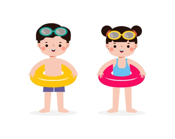 Zestaw Dzieci Noszących Stroje Kąpielowe Pierścienie Cute Kids Kreskówek Pool — Wektor stockowy