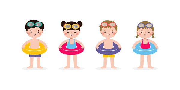 수영복 반지를 아이들 어린이 캐릭터들 해변에서 휴일을 보내거나 백그라운드 그림을 — 스톡 벡터