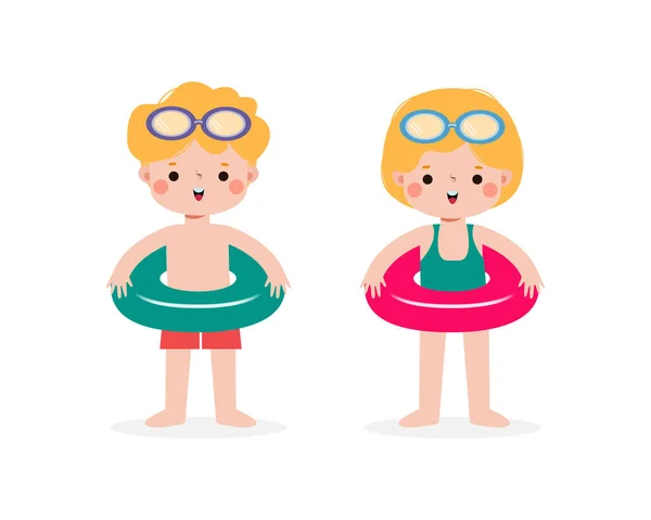수영복 반지를 아이들 어린이 캐릭터들 해변에서 휴일을 보내거나 백그라운드 그림을 — 스톡 벡터