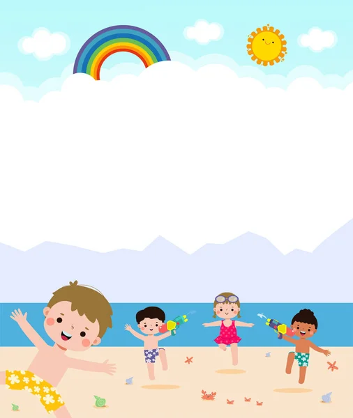 Hello Summer Grupa Happy Dzieci Kąpielówkach Bawiących Się Plaży Dzieci — Wektor stockowy