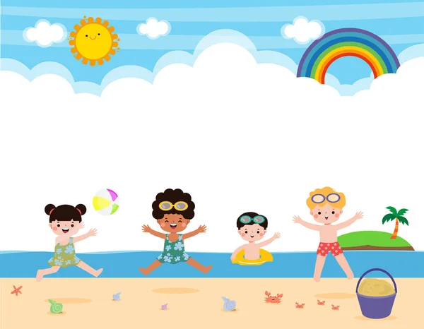 こんにちは夏 ビーチで遊ぶ水着で幸せな子供たちのグループ 水泳に飛び込む子供たち プールパーティーをプレイする子供たち背景に隔離された面白い漫画のフラットベクトルイラスト — ストックベクタ