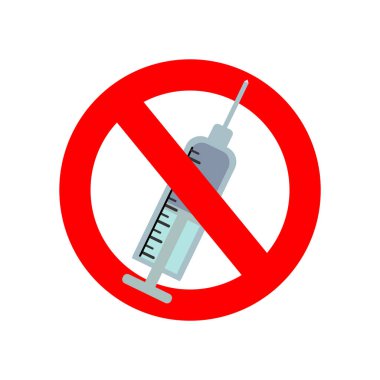 Beyaz zemin üzerinde kırmızı çemberin içinde aşı simgesi yok. Basit Aşılama Yasaklama Stili Düz Vektör