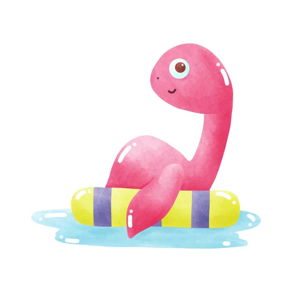 Aranyos Dinoszaurusz Baba Visel Gumigyűrű Úszás Tengerben Elem Akvarell Stílus — Stock Vector