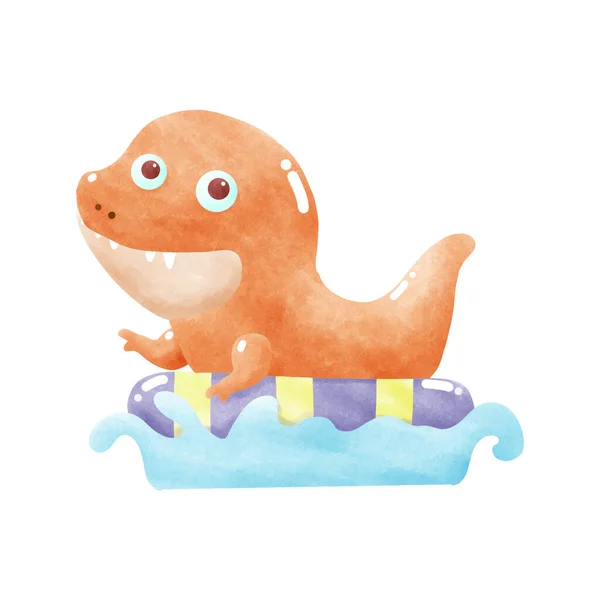 Cute Dinosaur Baby Wear Rubber Ring Swimming Sea Element Watercolor — Stock Vector