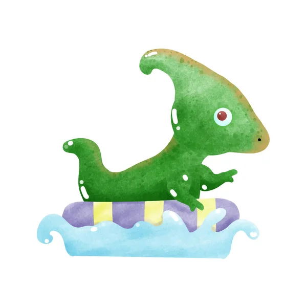 Schattige Dinosaurus Baby Draagt Rubberen Ring Zwemmen Zee Element Aquarel — Stockvector