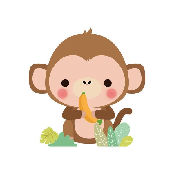 Cute Little Monkey Holding Banana Forest Funny Cartoon Character Flat — Stock Vector