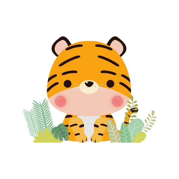 Tigre Pequeno Bonito Floresta Engraçado Personagem Desenho Animado Ícone Elemento —  Vetores de Stock