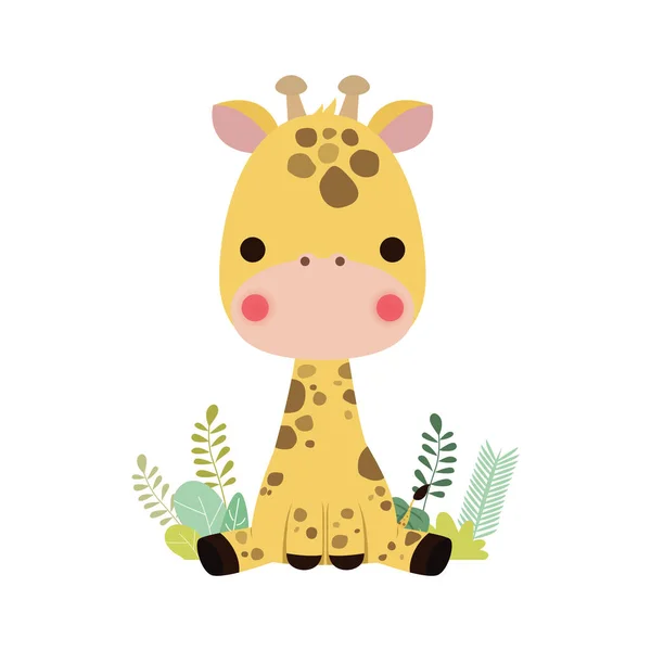 Cute Little Giraffe Forest Funny Cartoon Character Flat Style Element — Stock Vector
