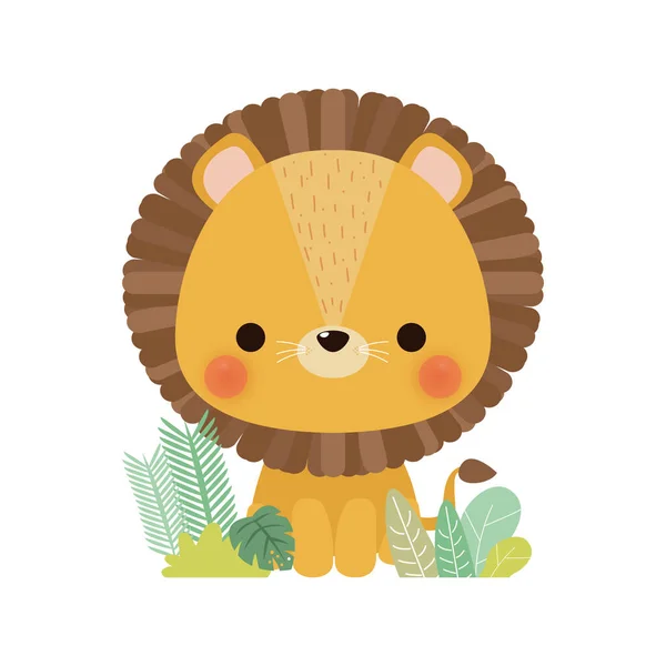 Leão Pequeno Bonito Floresta Engraçado Personagem Desenho Animado Ícone Elemento —  Vetores de Stock