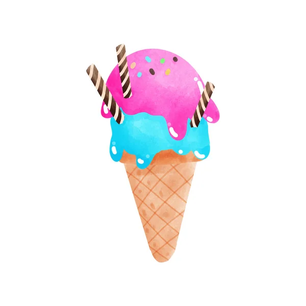 冰淇淋锥形美味水彩画 甜夏季美味佳肴圣代冰淇淋锥形和冰棒图标白色背景上孤立的矢量图解元素 — 图库矢量图片