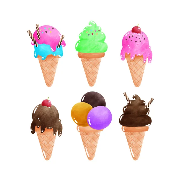 Set Ice Creams Cone Tasty Watercolor Style Sweet Summer Delicacy — Stock Vector