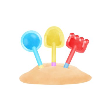 Beyaz arkaplan vektör illüstrasyonunda tırmık oyuncağı suluboya çizgi filmi ile kum ve kürek