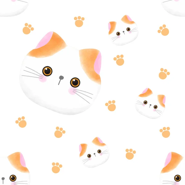 Kawaii Cute Cat Watercolor Seamless Pattern White Background Cartoon Print — 스톡 벡터