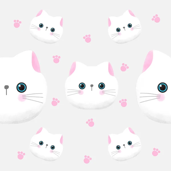 Kawaii Söt Katt Akvarell Sömlös Mönster Vit Bakgrund Tecknad Bild — Stock vektor