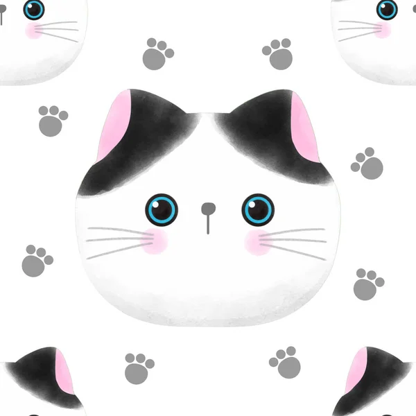 Kawaii Χαριτωμένο Ακουαρέλα Γάτα Απρόσκοπτη Μοτίβο Λευκό Φόντο — Διανυσματικό Αρχείο