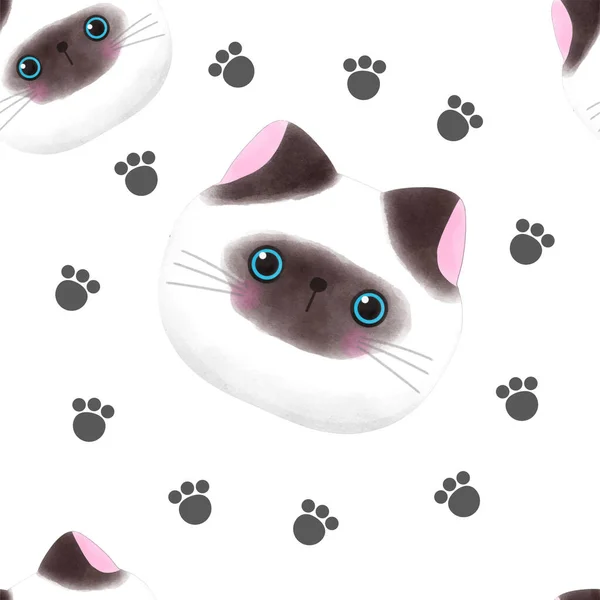 Kawaii Aranyos Macska Akvarell Zökkenőmentes Minta Fehér Háttér Rajzfilm Nyomtatás — Stock Vector