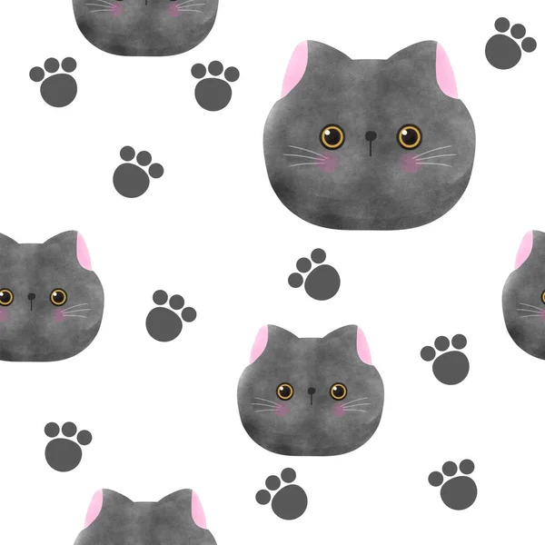 Kawaii Söt Katt Akvarell Sömlös Mönster Vit Bakgrund Tecknad Bild — Stock vektor