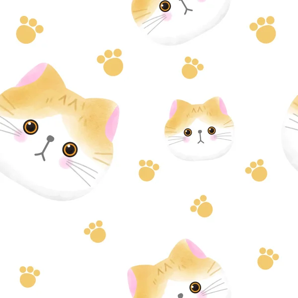 Kawaii Cute Cat Watercolor Seamless Pattern White Background Cartoon Print — 스톡 벡터