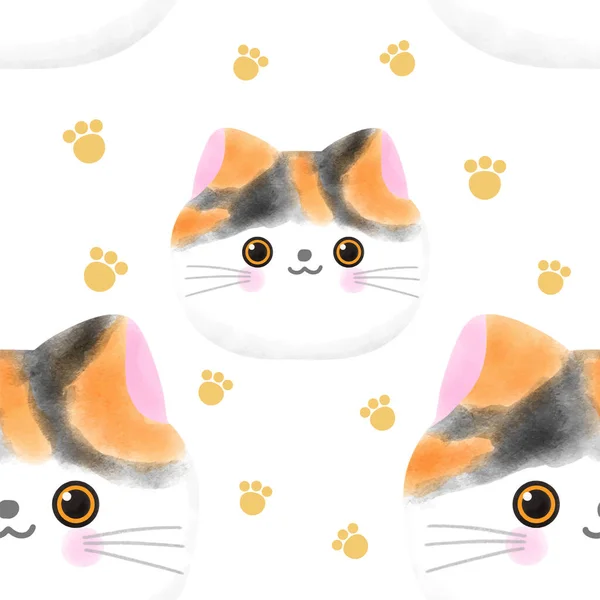 Kawaii Niedliche Katze Aquarell Nahtloses Muster Auf Weißem Hintergrund Cartoon — Stockvektor