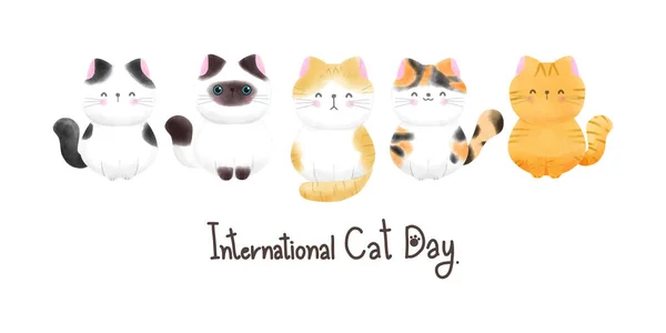 Nette Katze Internationalen Katzentag Kätzchen Und Welt Aquarell Stil Vektor — Stockvektor
