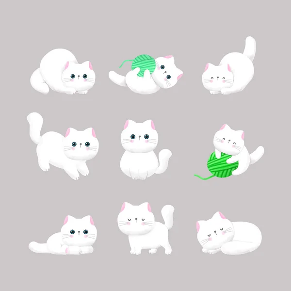 Koleksiyon Grubu Şirin Beyaz Kedi Suluboya Vektör Çizimi — Stok Vektör