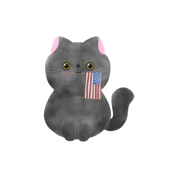 Feliz Julho Cute Cartoon Cat American Flag Ilustração Vetorial — Vetor de Stock