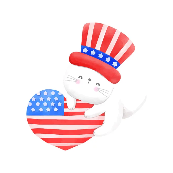 Счастливого Июля Симпатичный Карикатурный Кот Американского Флага Векторная Иллюстрация — стоковый вектор