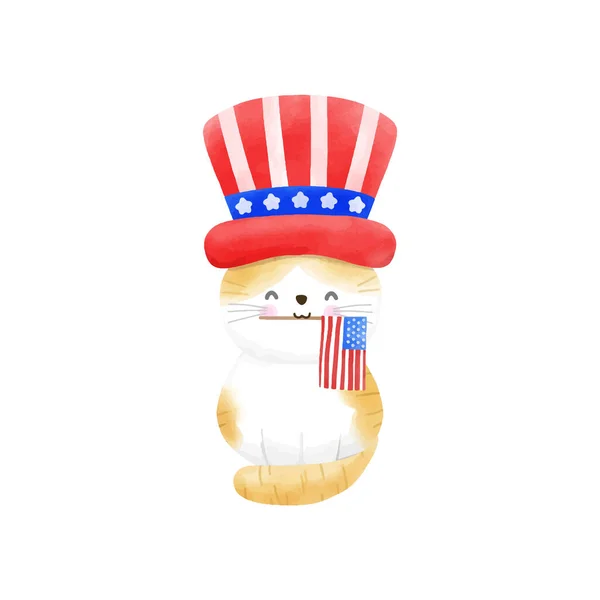 Feliz Julho Cute Cartoon Cat American Flag Ilustração Vetorial — Vetor de Stock